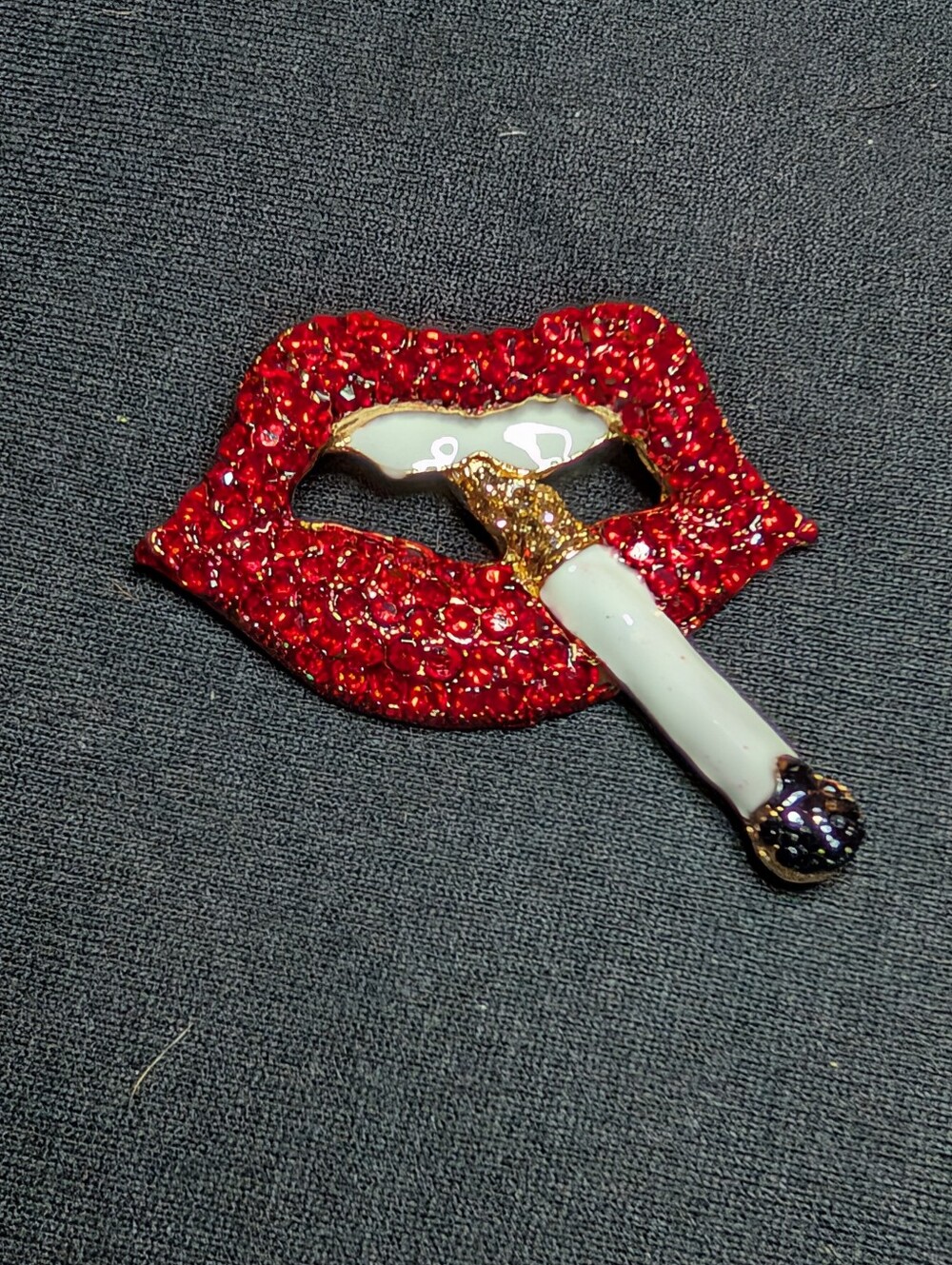 Red Crystal Lips Brooch with White Enamel Cigarette - Fashion Jewelry